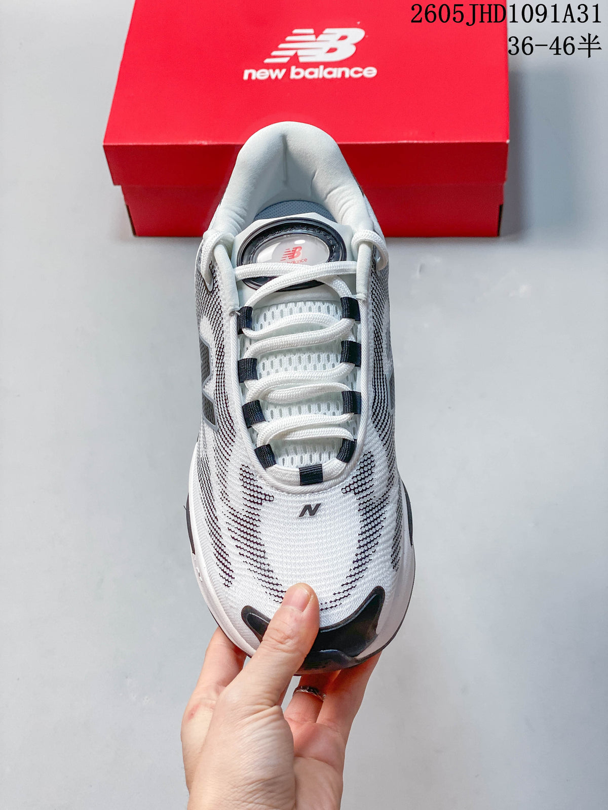 Top view of the lace-up front and patterned upper of a New Balance AC Runner shoe