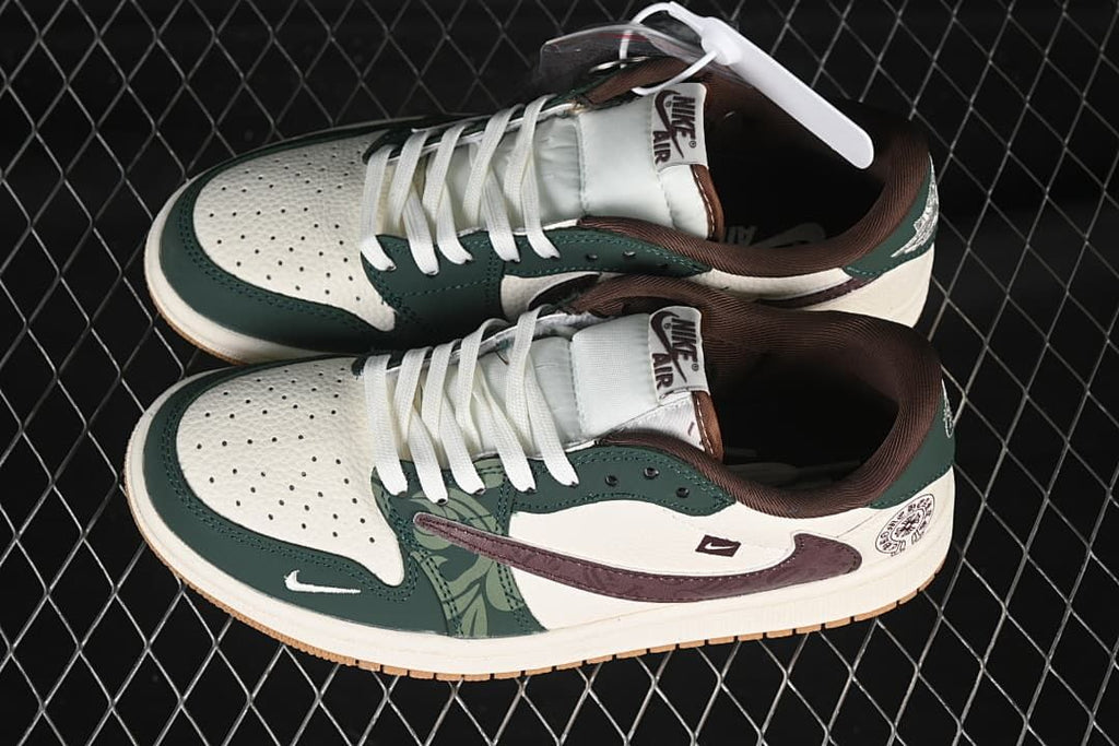 Pair of off-white and deep green low-top sneakers with brown collars, patterned overlays, and gum-colored outsoles