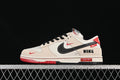 Side view of an off-white low-top sneaker with black laces and overlays, red accents, and Supreme branding.