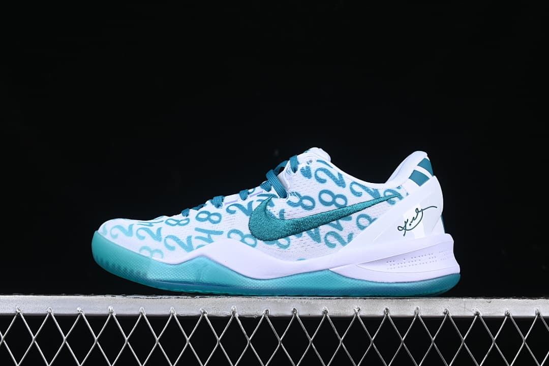 Side view of white and teal Nike Kobe 8 Protro basketball shoe