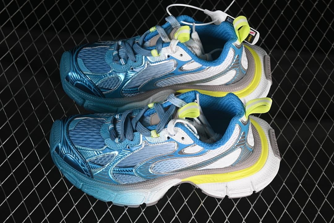 Pair of blue and white sneakers shown from above