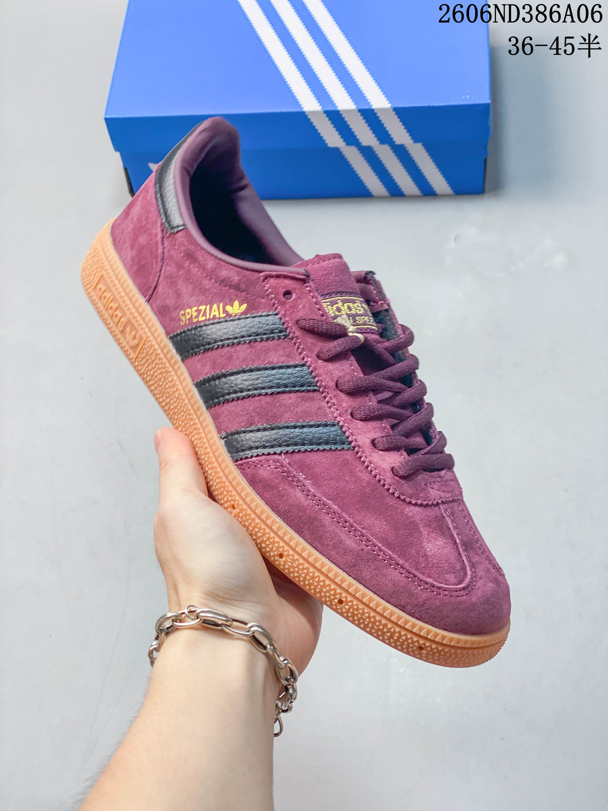 Burgundy Adidas Handball Spezial sneaker shown from the side with gum-colored outsole