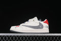 Side view of an off-white low-top sneaker with gray Swoosh, red heel panel, and The North Face wording.