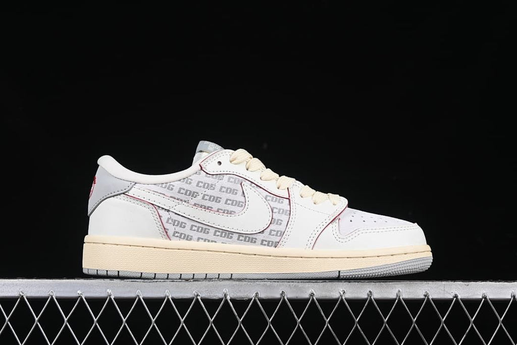 Side profile of the sneaker with patterned panels and cream midsole.