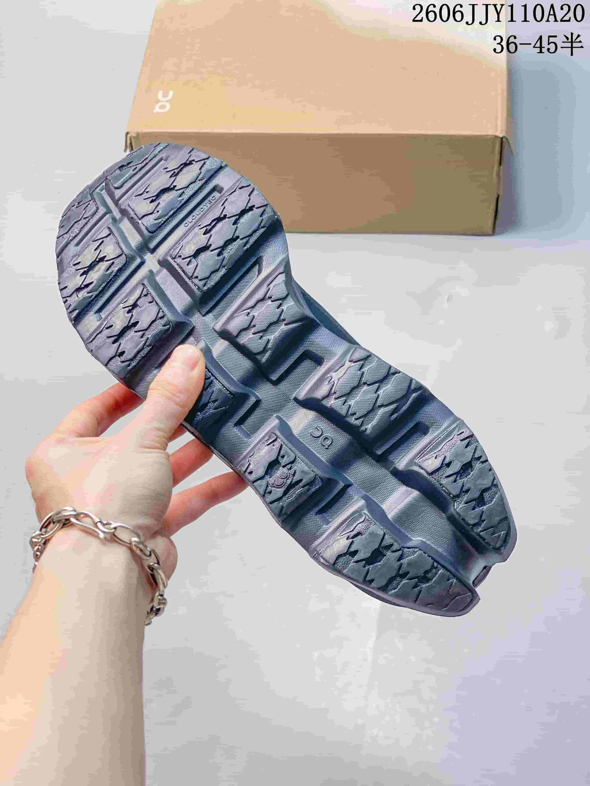 Close-up of the gray shoe outsole showing its tread and sculpted channels.
