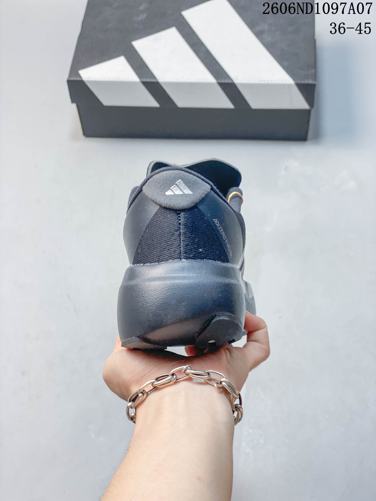 Rear view of a dark gray adidas Adizero Evo SL shoe, showing the heel and sole.