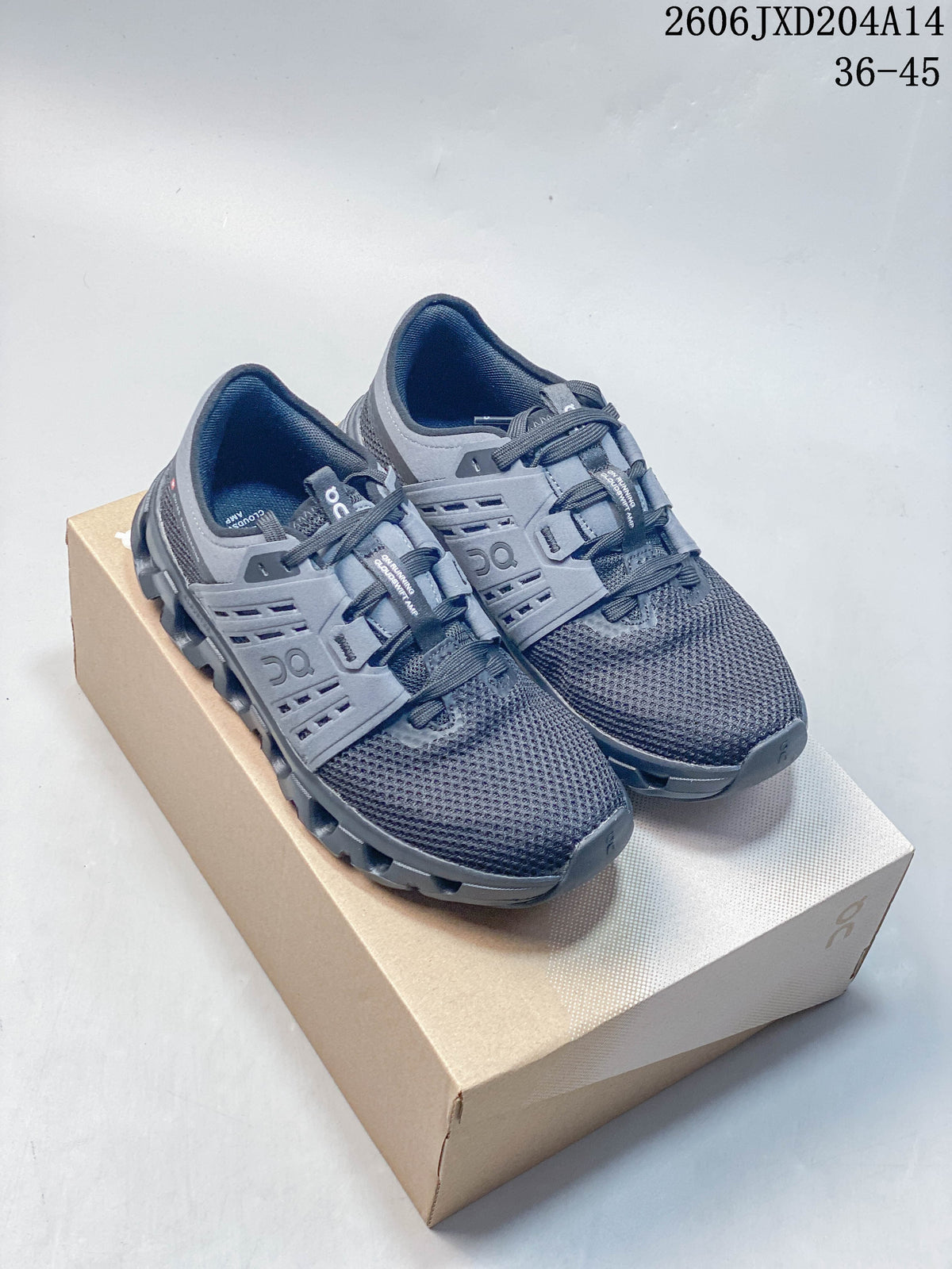 Pair of gray On Cloudswift Amp running shoes on a box