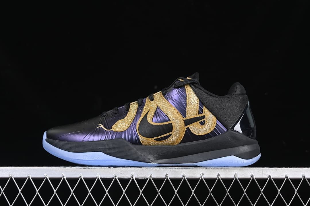 Side view of a black, purple, and gold Kobe V Protro low-top basketball shoe