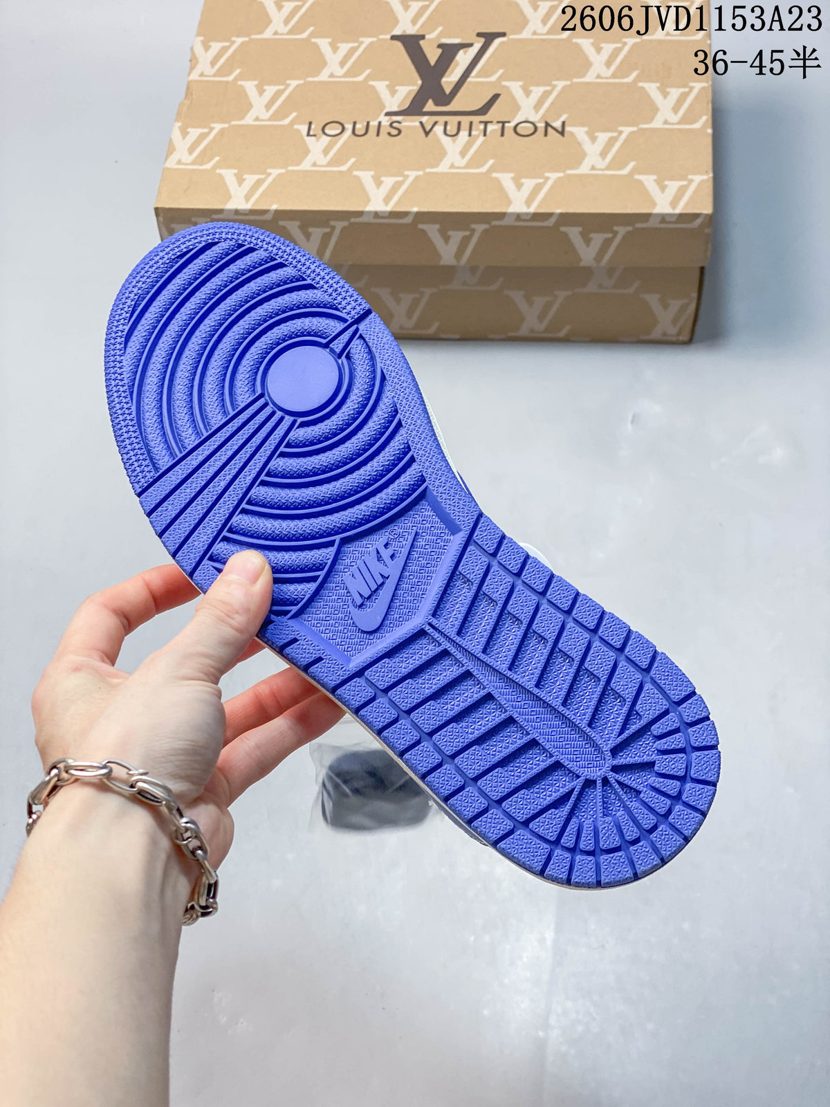 Close-up of the vivid blue patterned outsole