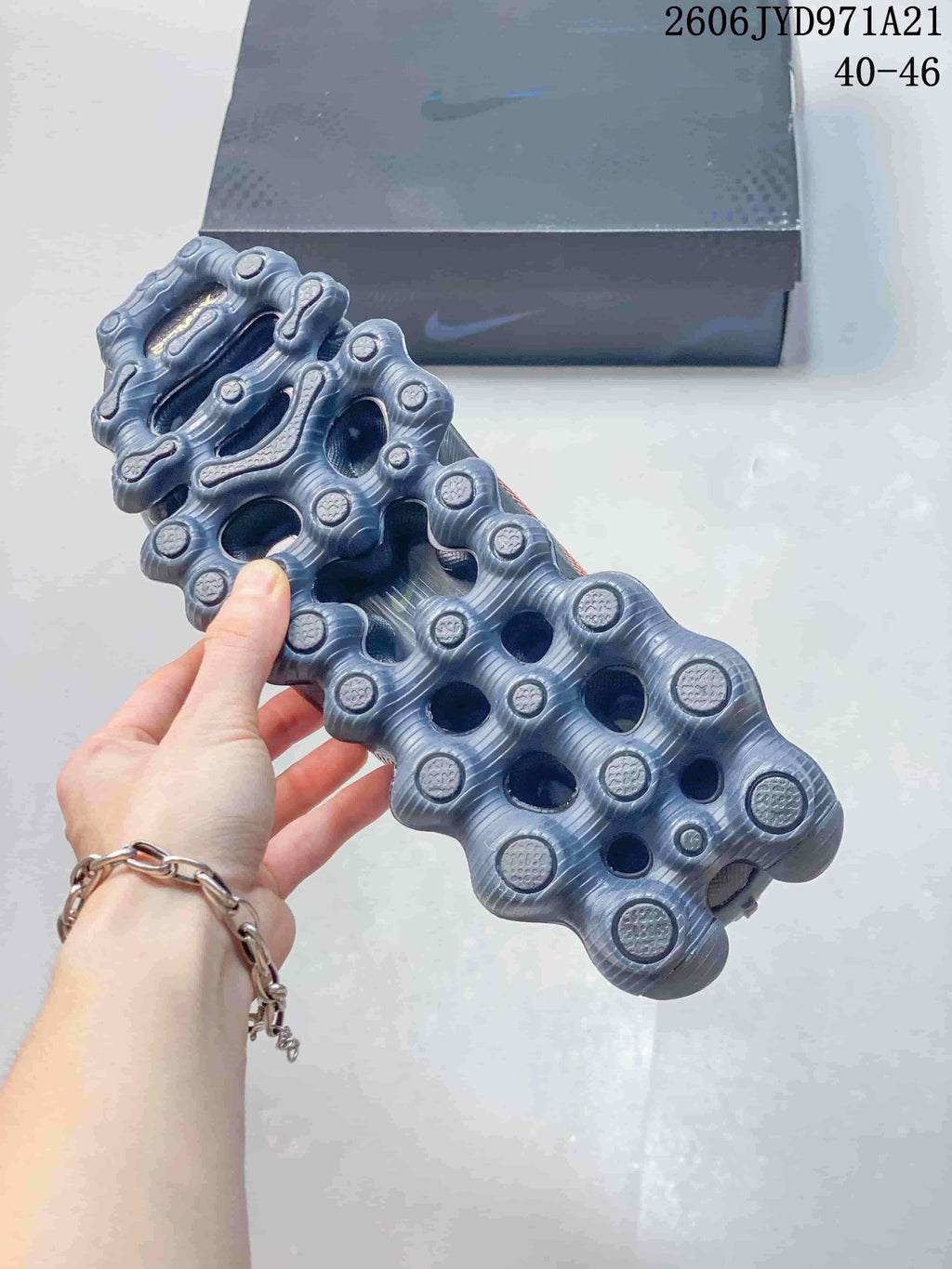 Close-up of the segmented outsole on the Nike Air Liquid Max shoe