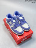 Purple and Sail Nike low-top sneakers shown on a red shoe box; image text lists sizes 36–45.
