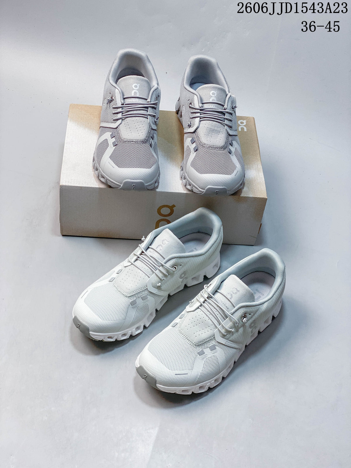 Several views of light gray and white On Cloudtilt Remix sneakers