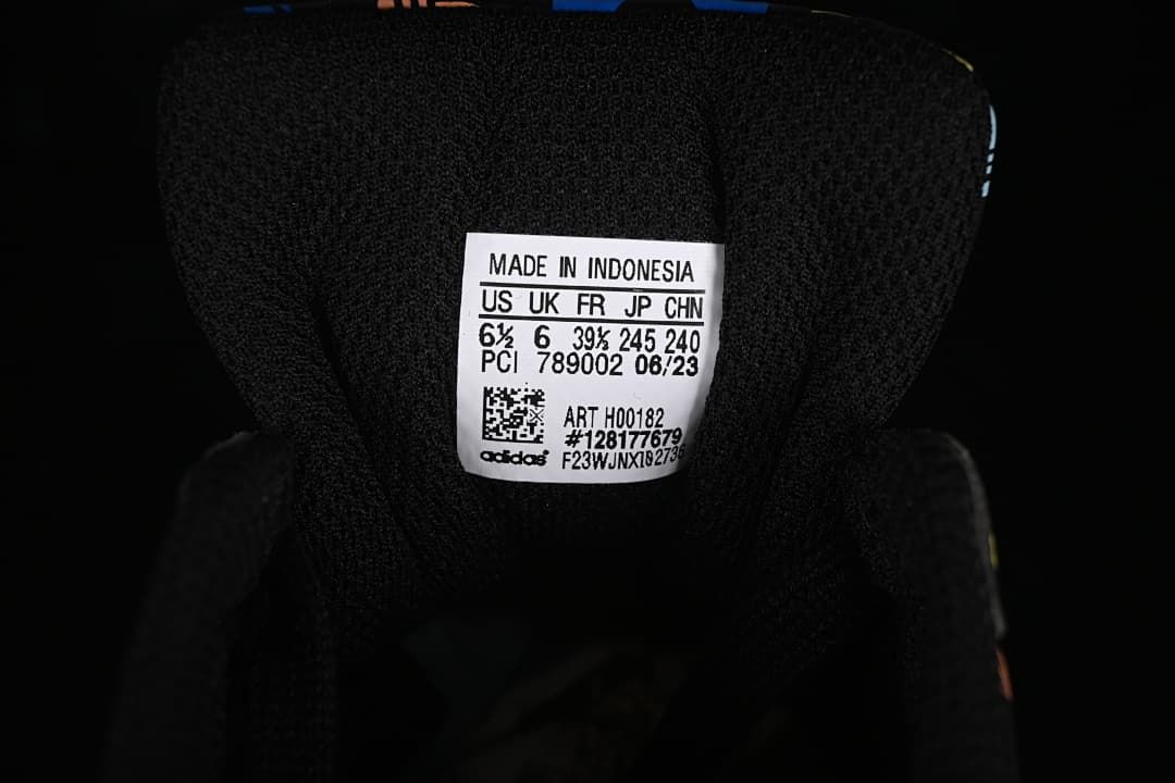 Inside shoe label showing size information and model H00182
