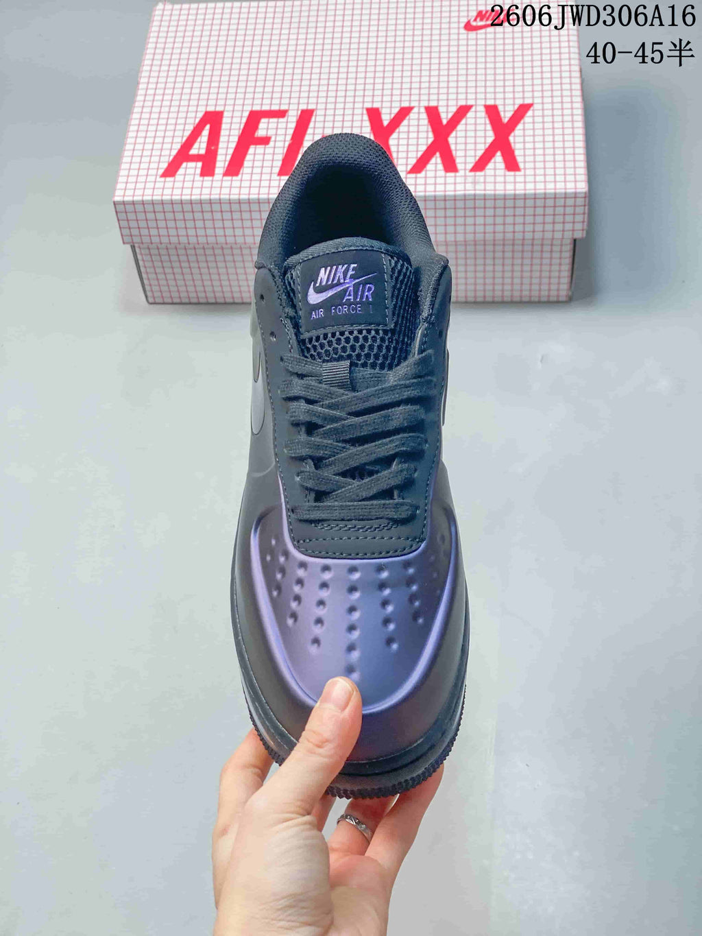 Top view showing the laces, tongue label and perforated toe area