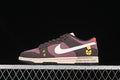 Side view of a mauve and dark brown Nike SB Dunk Low sneaker with white Swoosh and Wu-Tang-themed details