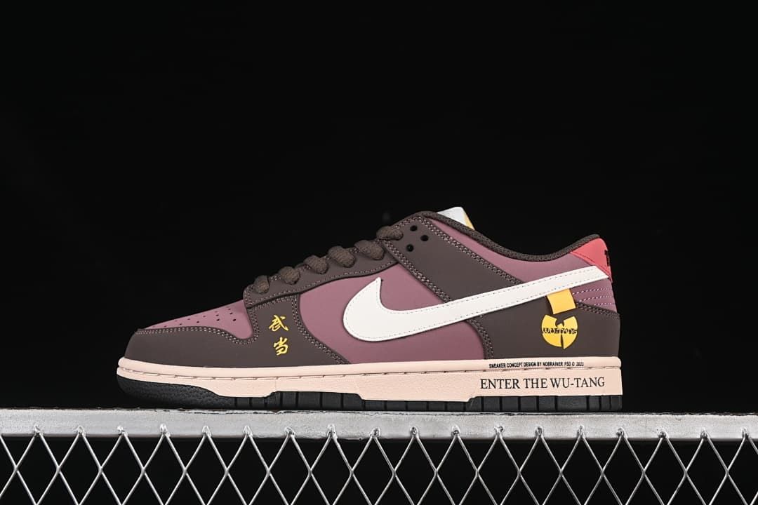 Side view of a mauve and dark brown Nike SB Dunk Low sneaker with white Swoosh and Wu-Tang-themed details