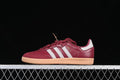 Side view of burgundy Adidas Samba OG W sneakers with white stripes and gum-colored outsole