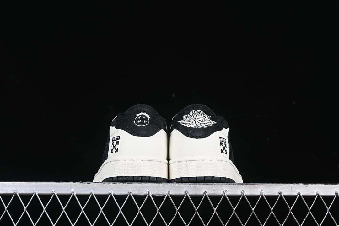Rear view of both shoes with contrasting heel details.