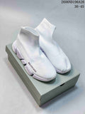 White Balenciaga sock-style sneakers displayed together on a box.