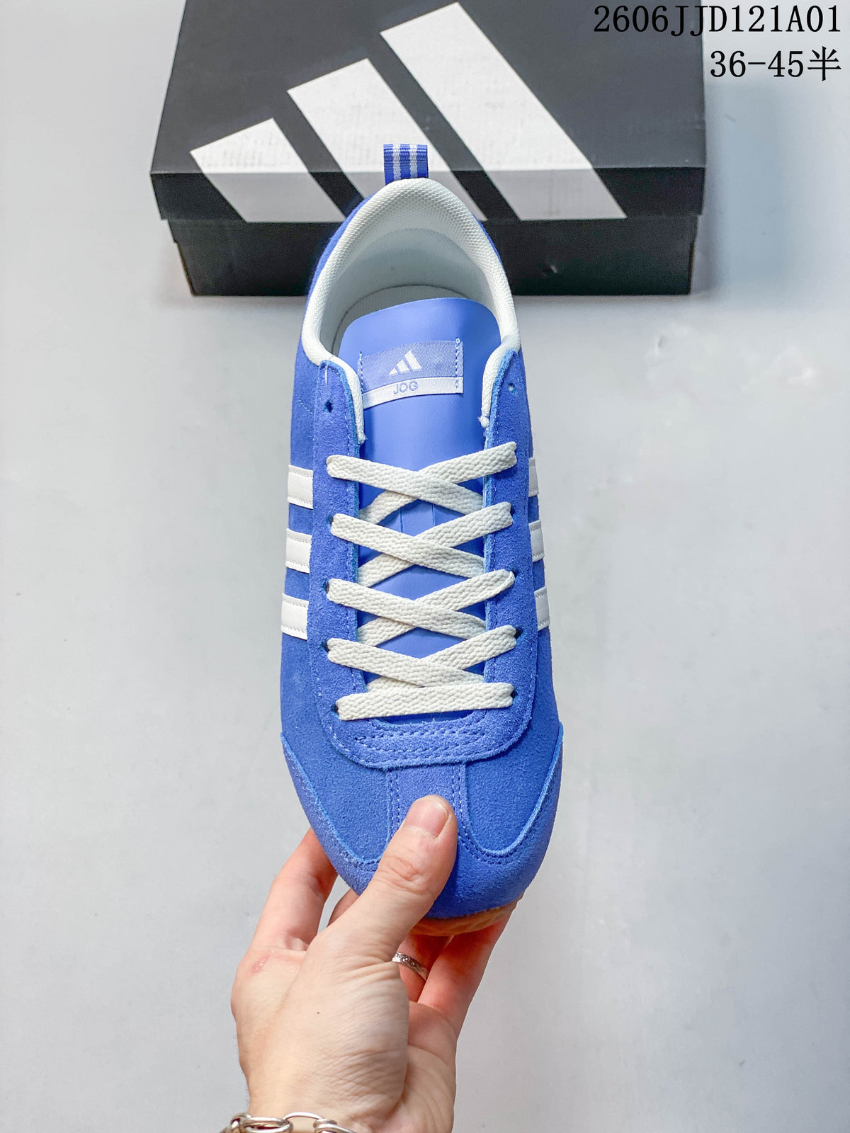 Top view of the blue sneaker showing white laces and padded collar