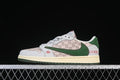 Side view of a low-top sneaker with green panels, light overlays, a repeating monogram-style print, and a cream-colored midsole.