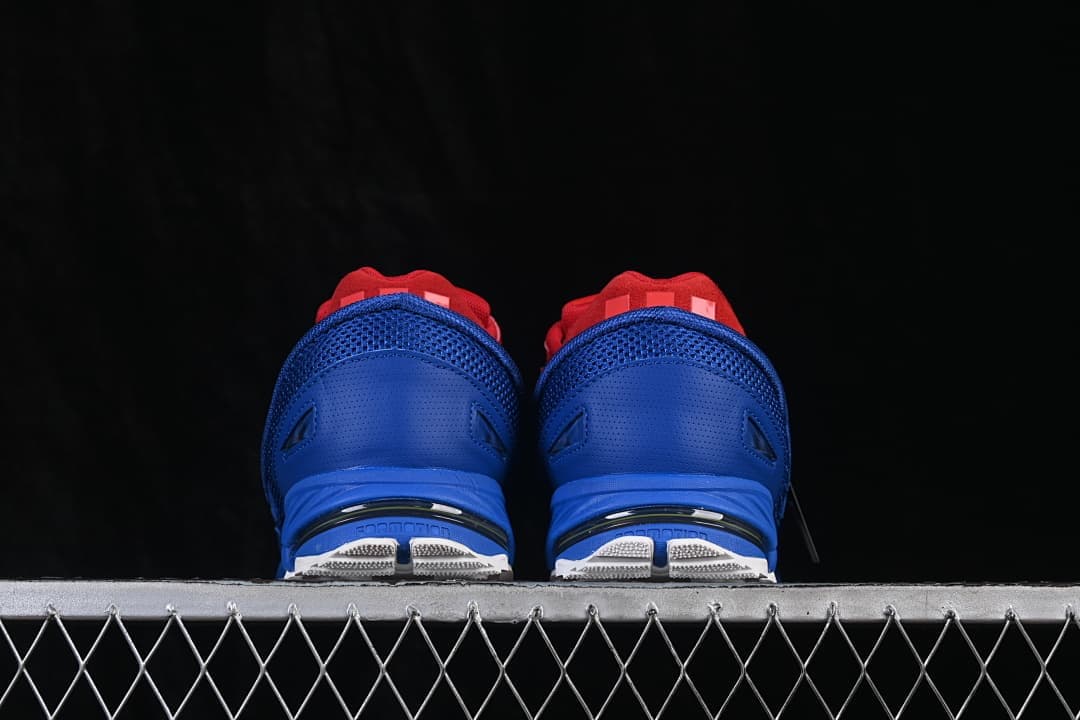 Rear view showing blue heel panels and mesh collars