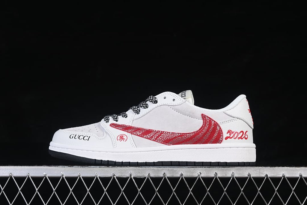 Side view of a white low-top sneaker with a red patterned side panel, black-and-white laces, and Year of the Horse-themed details.
