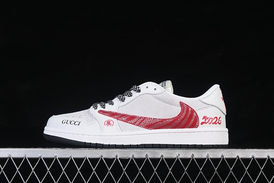 Side view of a white low-top sneaker with a red patterned side panel, black-and-white laces, and Year of the Horse-themed details.