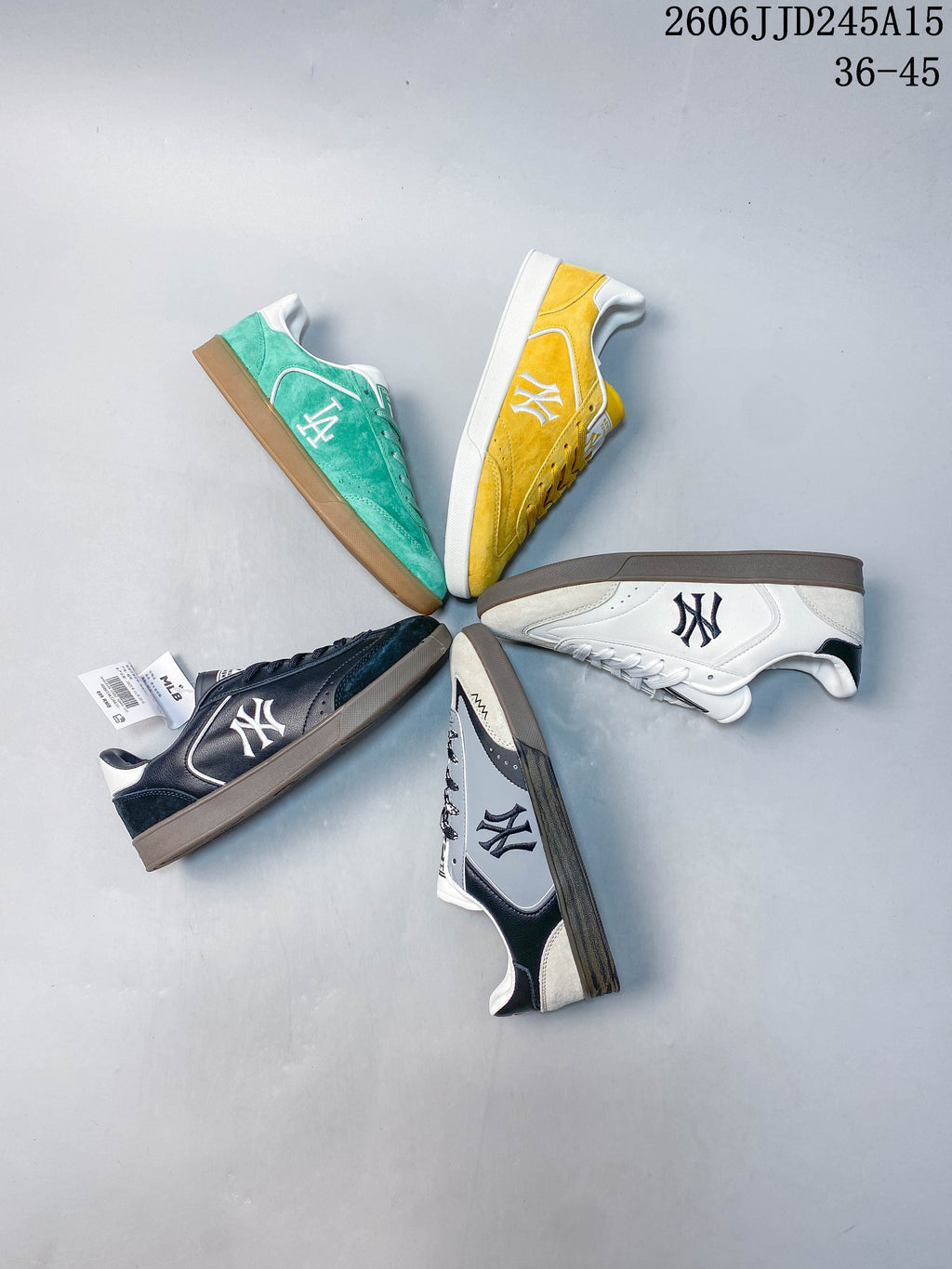 Several MLB team-logo sneakers arranged together in different colorways