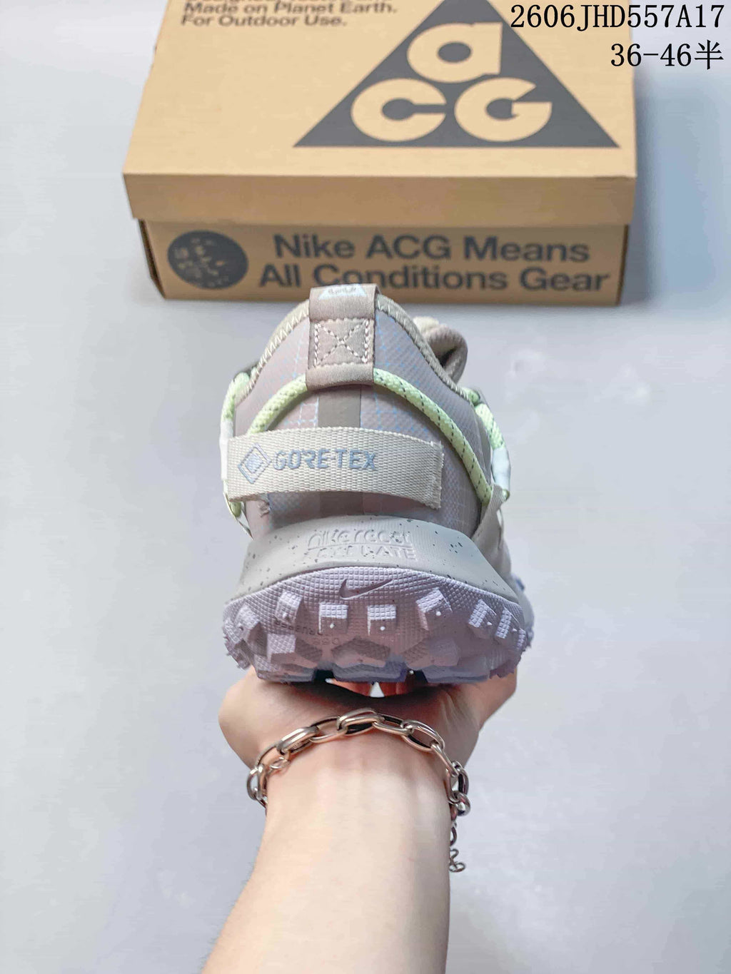 Rear view of the sneaker showing the heel pull tab and visible GORE-TEX lettering.