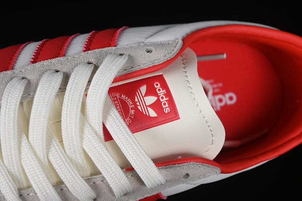 Close-up of the tongue label, white laces, and red interior