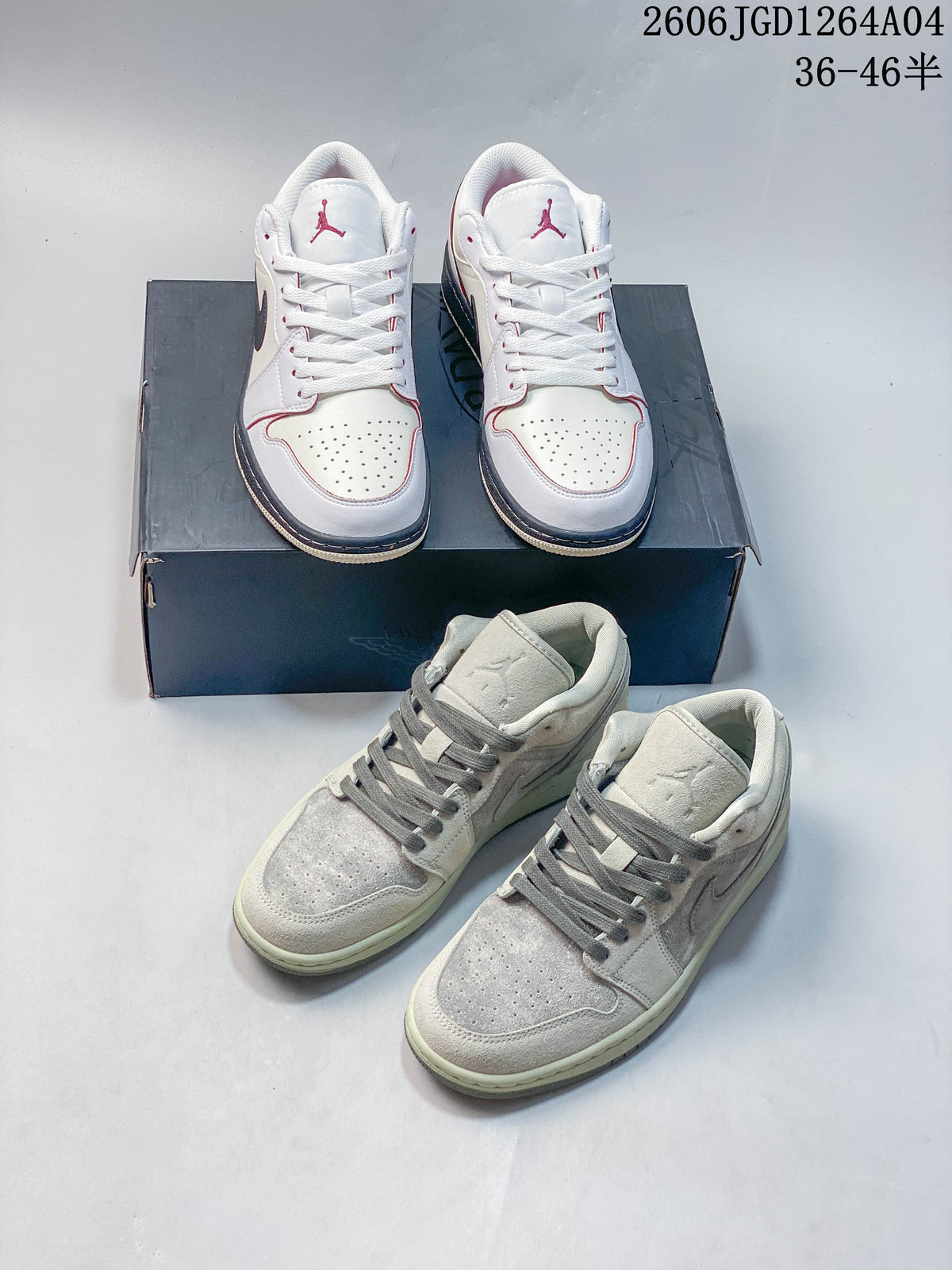 Two pairs of low-top sneakers shown together: pale gray and white with dark and red accents