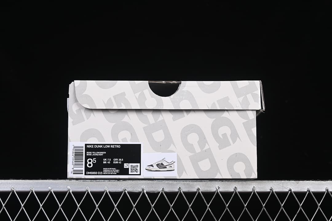 Shoebox label showing Nike Dunk Low Retro, model DM6868-015, and sample size EU 42