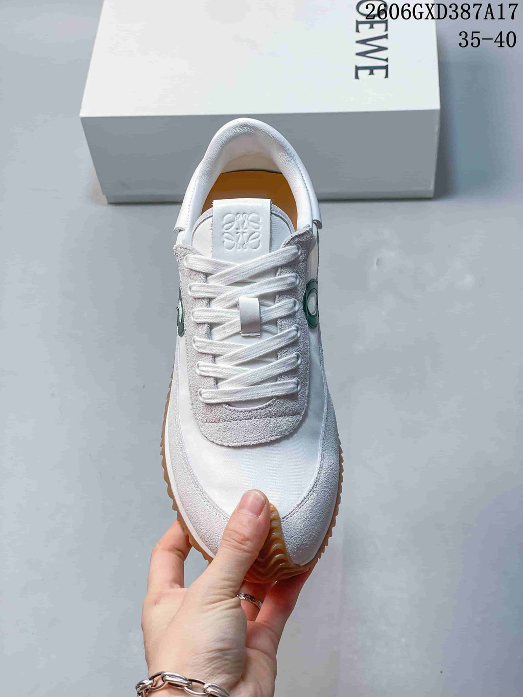 Top view showing the lace-up design and contrasting panels