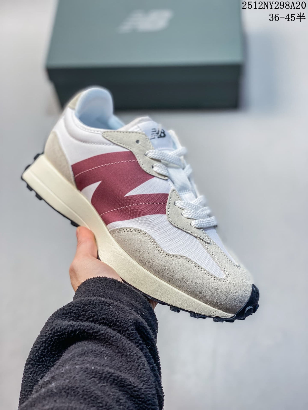 New Balance 327-style sneaker in white, gray and burgundy with an oversized side logo