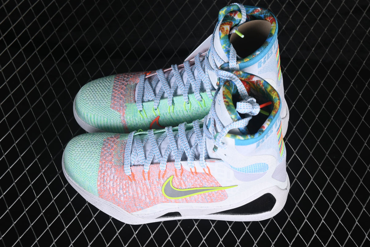 Pair of multicolor high-top basketball shoes photographed from above.