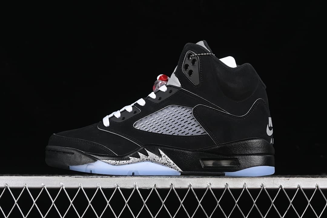 Black Air Jordan 5 high-top sneaker shown from the side