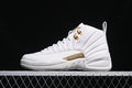 Side view of a white Jordan Air Jordan 12 Retro with gold-tone accents