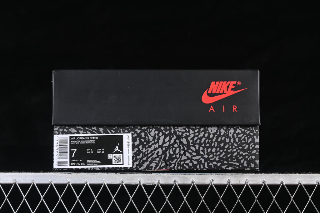 Shoe box displaying Air Jordan 3 Retro labeling and style code DN3707-010