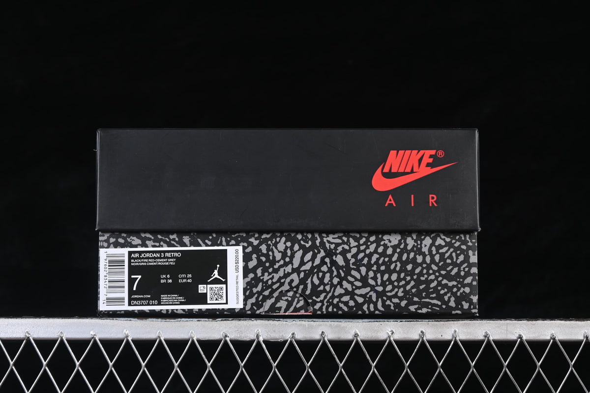 Shoe box displaying Air Jordan 3 Retro labeling and style code DN3707-010