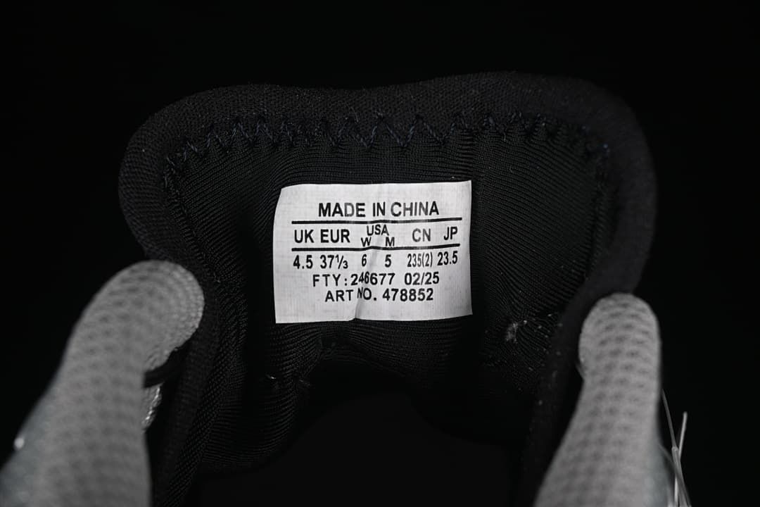 Inside tongue label showing the photographed shoe size and style code