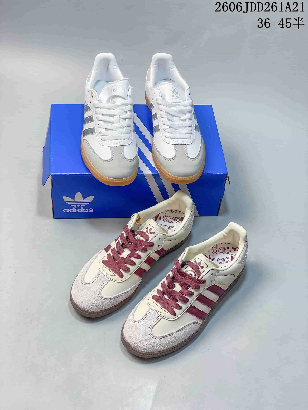 White-and-silver and cream-and-burgundy adidas Samba shoes displayed together.