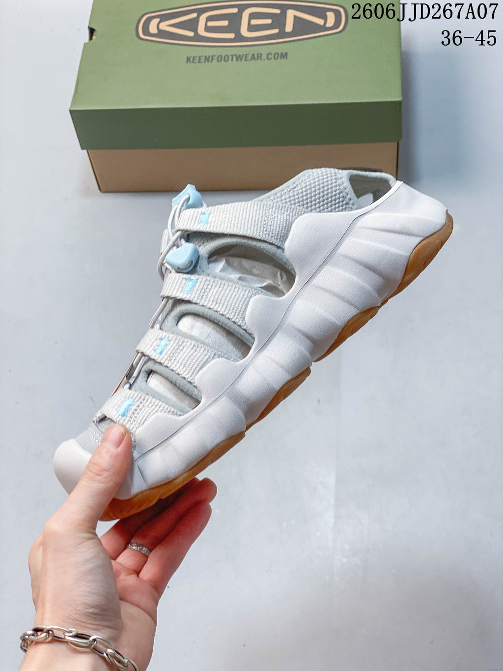 Side profile of a gray KEEN Astoria West sandal with a thick white midsole