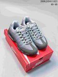 Pair of grey and green Nike Air Max 95 sneakers shown from above on a red Nike box; image overlay states sizes 40–46.