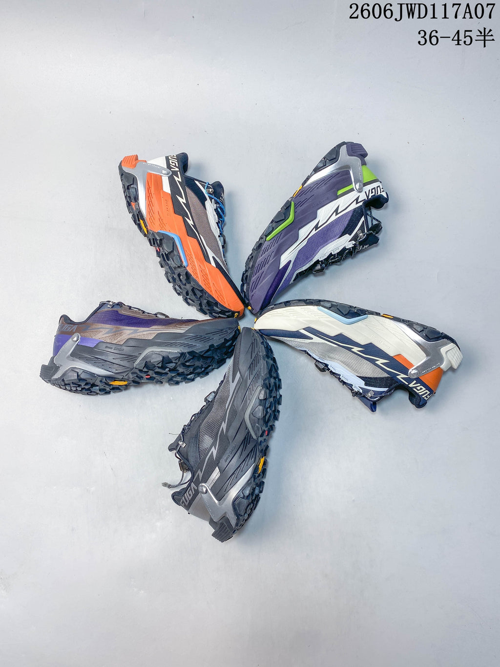 Five KAILAS FUGA DU 2 trail shoes arranged to show their different colorways and treaded outsoles