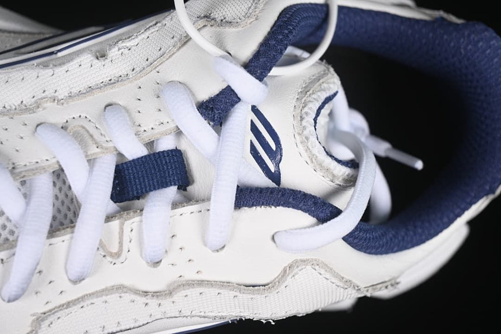 Close-up of the laces, tongue, and navy collar lining.