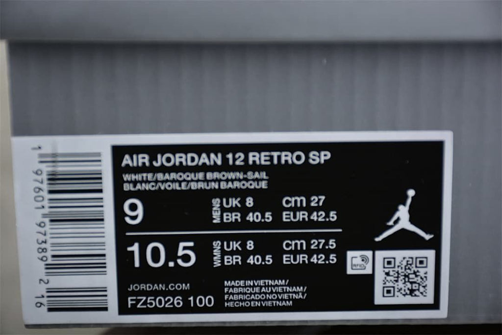 Box label showing Air Jordan 12 Retro SP, color details, style code FZ5026-100, and sample sizing