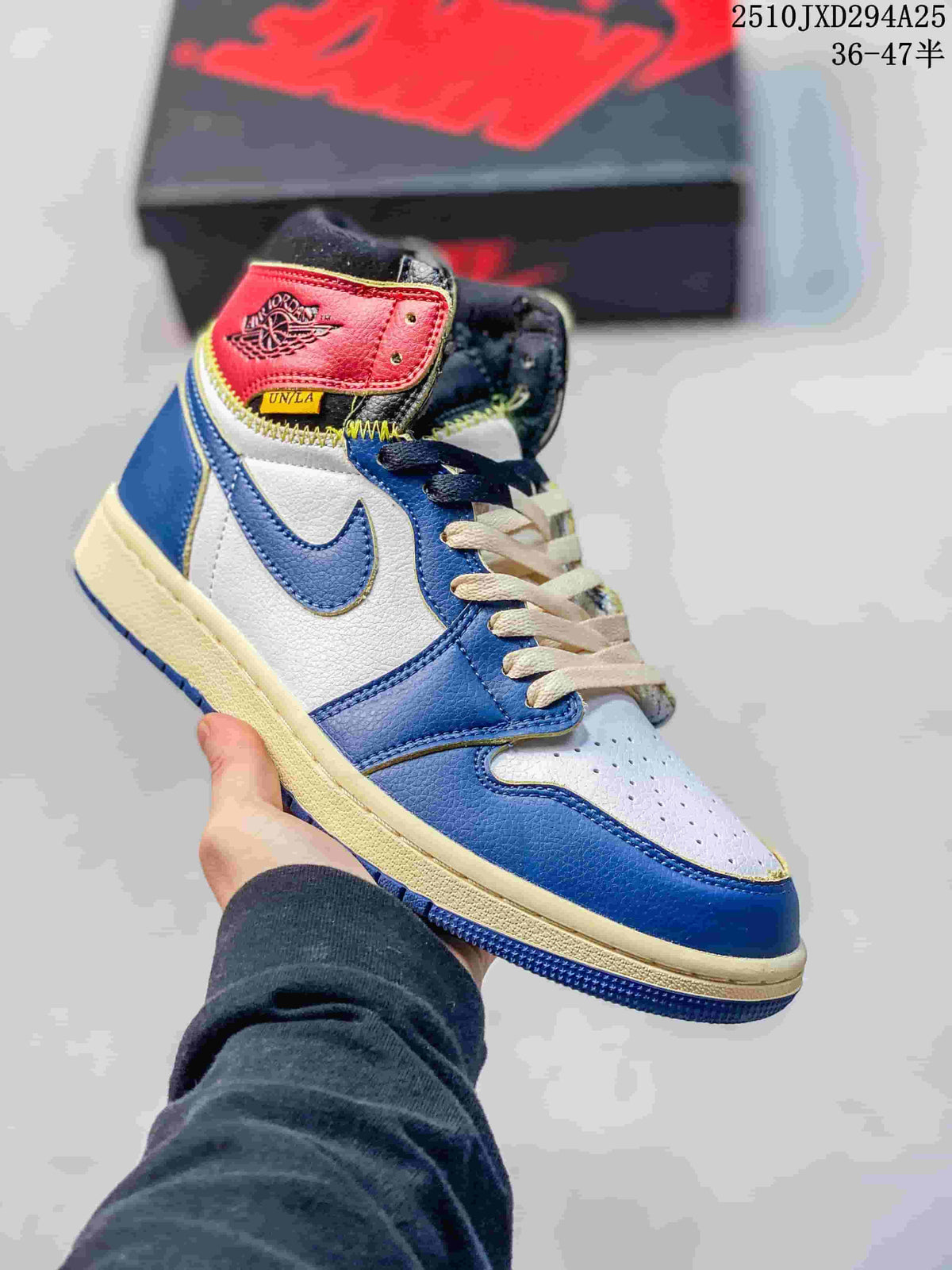 Blue, white, and red high-top sneaker with contrasting laces