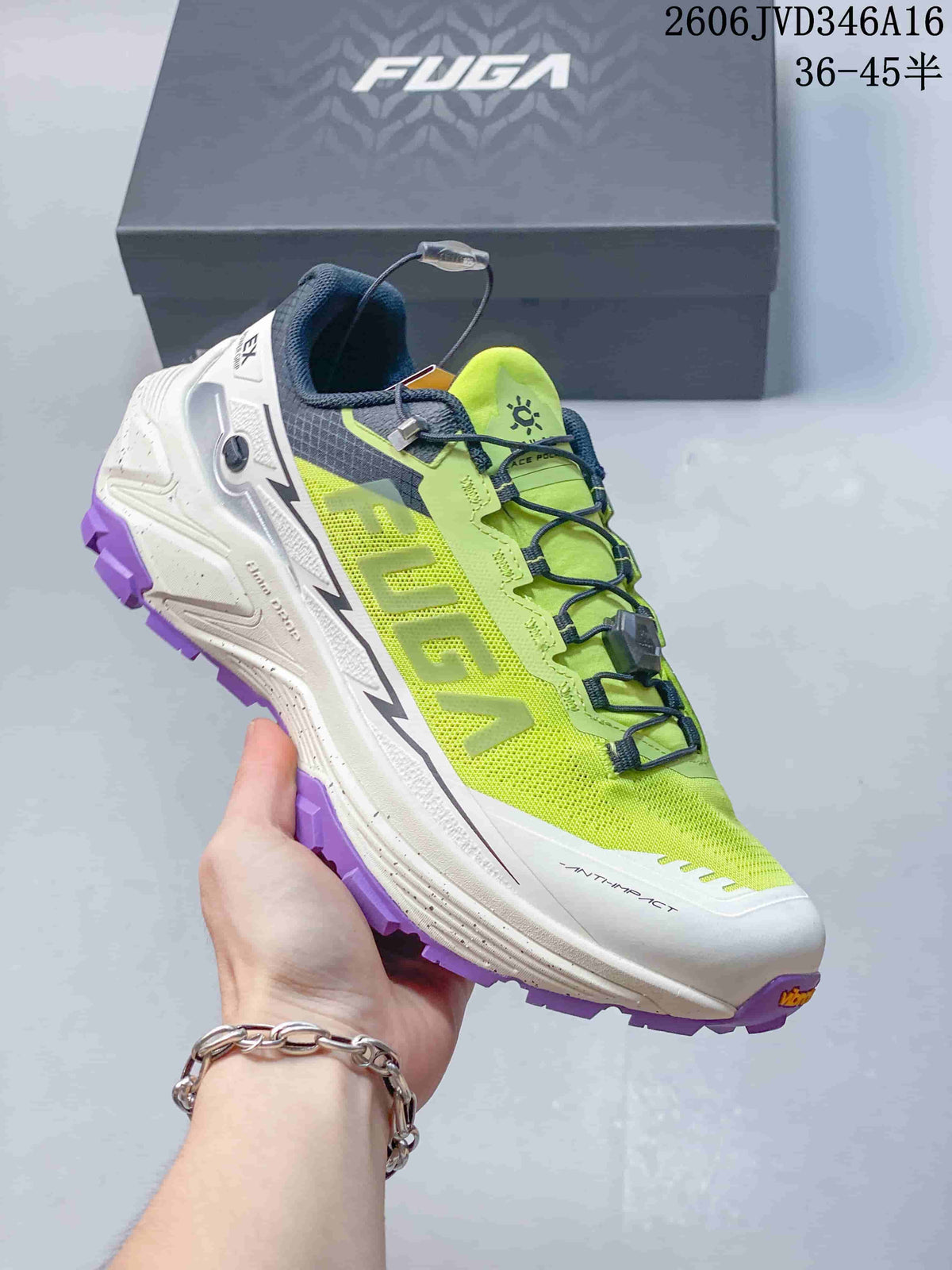 Angled side view of a neon yellow Kailas FUGA EX3 shoe with white midsole and purple outsole