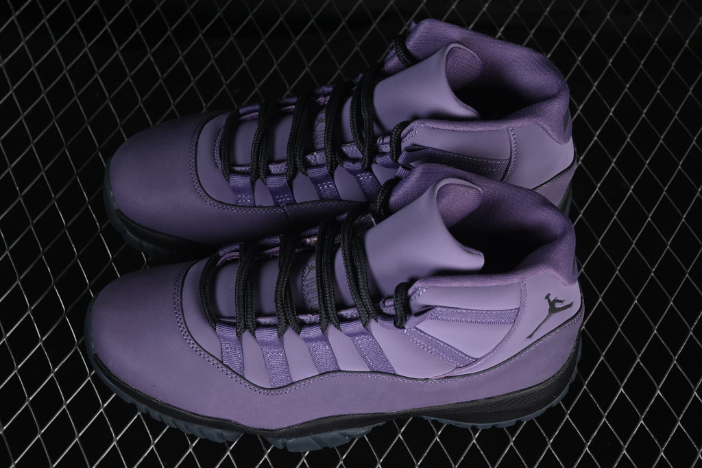 Pair of purple high-top sneakers viewed from above.